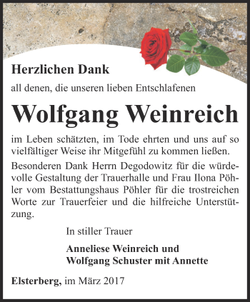 Traueranzeige von Wolfgang Weinreich von Ostthüringer Zeitung