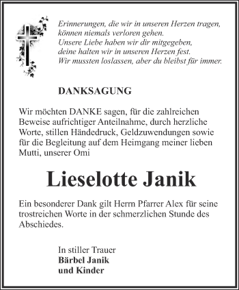 Traueranzeige von Lieselotte Janik von Ostthüringer Zeitung