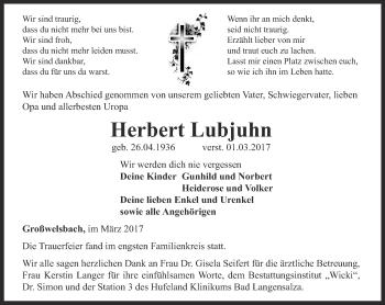 Traueranzeige von Herbert Lubjuhn von Thüringer Allgemeine, Thüringische Landeszeitung