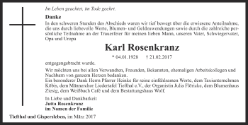 Traueranzeige von Karl Rosenkranz von Thüringer Allgemeine, Thüringische Landeszeitung