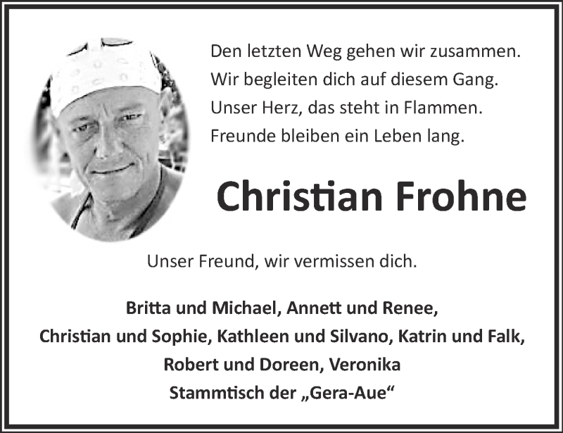  Traueranzeige für Christian Frohne vom 25.03.2017 aus Thüringer Allgemeine, Thüringische Landeszeitung