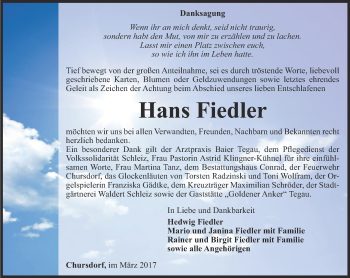 Traueranzeige von Hans Fiedler von Ostthüringer Zeitung