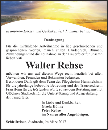 Traueranzeige von Walter Rehse von Ostthüringer Zeitung