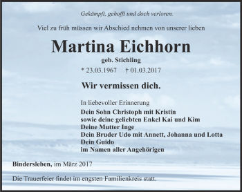 Traueranzeige von Martina Eichhorn von Thüringer Allgemeine, Thüringische Landeszeitung