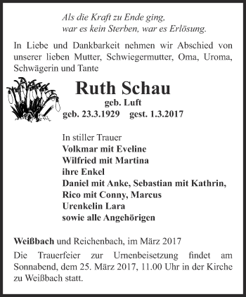 Traueranzeige von Ruth Schau von Ostthüringer Zeitung