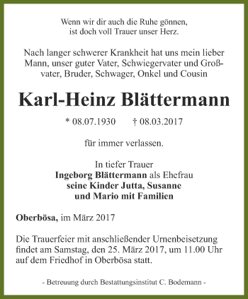 Traueranzeige von Karl-Heinz Blättermann von Thüringer Allgemeine