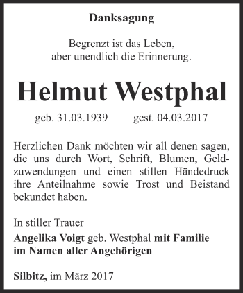 Traueranzeige von Helmut Westphal von Ostthüringer Zeitung