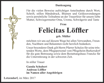 Traueranzeige von Felicitas Löffler von Ostthüringer Zeitung