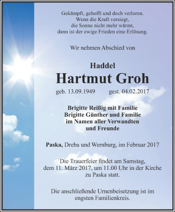 Traueranzeige von Hartmut Groh von Ostthüringer Zeitung