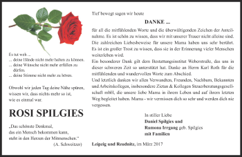 Traueranzeige von Rosi Spilgies von Ostthüringer Zeitung