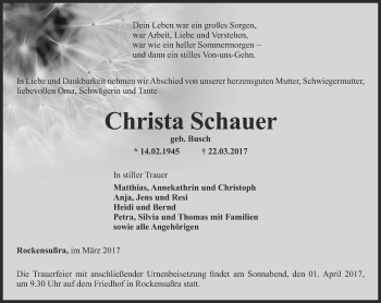 Traueranzeige von Christa Schauer von Thüringer Allgemeine