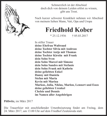 Traueranzeige von Friedhold Kober von Ostthüringer Zeitung