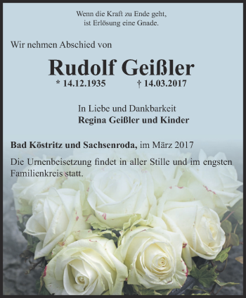 Traueranzeige von Rudolf Geißler von Ostthüringer Zeitung