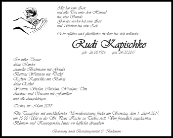 Traueranzeige von Rudi Kapischke von Thüringer Allgemeine