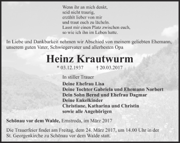 Traueranzeige von Heinz Krautwurm von Ostthüringer Zeitung, Thüringische Landeszeitung