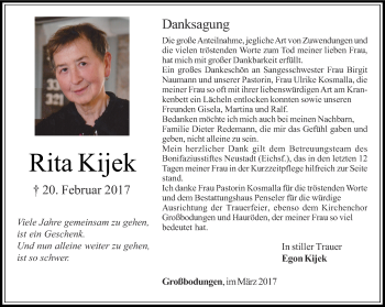 Traueranzeige von Rita Kijek von Thüringer Allgemeine