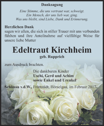 Traueranzeige von Edeltraut Kirchheim von Ostthüringer Zeitung, Thüringische Landeszeitung