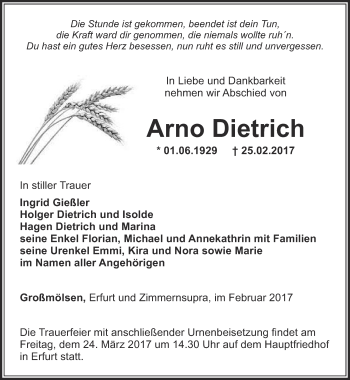 Traueranzeige von Arno Dietrich von Thüringer Allgemeine, Thüringische Landeszeitung