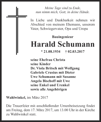 Traueranzeige von Harald Schumann von Ostthüringer Zeitung, Thüringische Landeszeitung