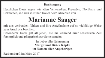 Traueranzeige von Marianne Saager von Thüringer Allgemeine