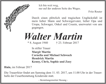 Traueranzeige von Walter Martin von Thüringer Allgemeine