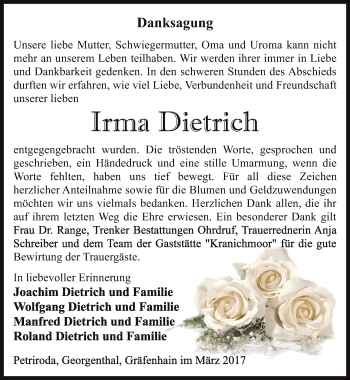 Traueranzeige von Irma Dietrich von Ostthüringer Zeitung, Thüringische Landeszeitung