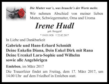 Traueranzeige von Irene Hudl von Ostthüringer Zeitung, Thüringische Landeszeitung