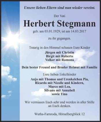 Traueranzeige von Herbert Stegmann von Thüringer Allgemeine, Thüringische Landeszeitung