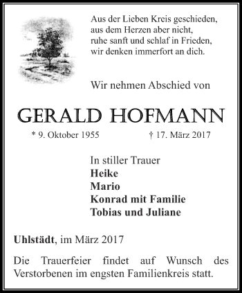 Traueranzeige von Gerald Hofmann von Ostthüringer Zeitung