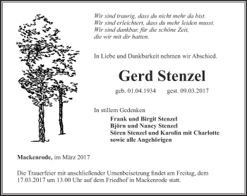 Traueranzeige von Gerd Stenzel von Thüringer Allgemeine