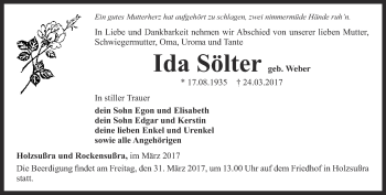 Traueranzeige von Ida Sölter von Thüringer Allgemeine