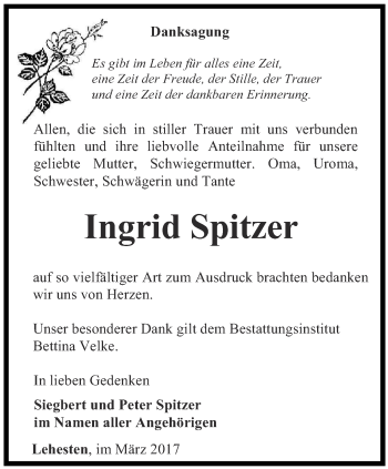 Traueranzeige von Ingrid Spitzer von Ostthüringer Zeitung