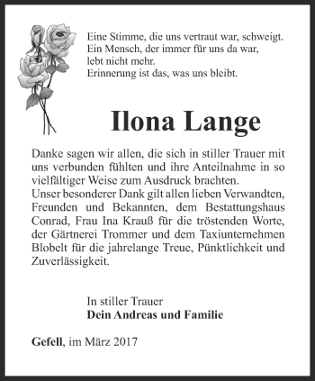 Traueranzeige von Ilona Lange von Ostthüringer Zeitung