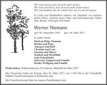 Traueranzeige von Werner Niemann von Thüringer Allgemeine