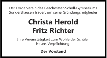 Traueranzeige von Christa Herold und Fritz Richter von Thüringer Allgemeine