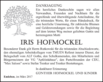 Traueranzeige von Iris Hofmockel von Ostthüringer Zeitung, Thüringische Landeszeitung