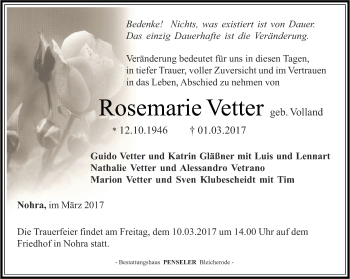 Traueranzeige von Rosemarie Vetter von Thüringer Allgemeine