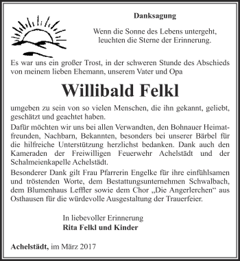 Traueranzeige von Willibald Felkl von Thüringer Allgemeine