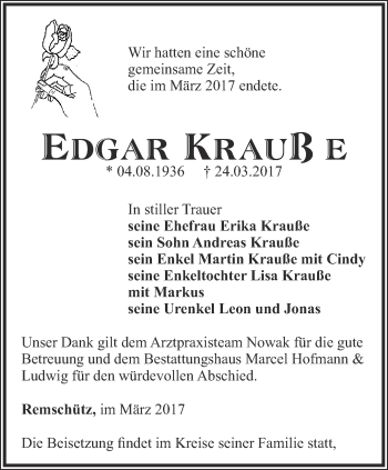 Traueranzeige von Edgar Krauße von Ostthüringer Zeitung