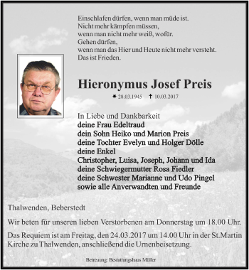 Traueranzeige von Hieronymus Josef Preis von Thüringer Allgemeine