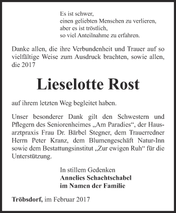 Traueranzeige von Lieselotte Rost von Thüringer Allgemeine, Thüringische Landeszeitung