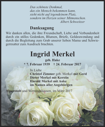 Traueranzeige von Ingrid Merkel von Thüringer Allgemeine, Thüringische Landeszeitung