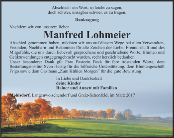 Traueranzeige von Manfred Lohmeier von Ostthüringer Zeitung