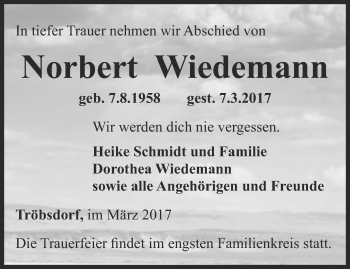 Traueranzeige von Norbert Wiedemann von Thüringer Allgemeine, Thüringische Landeszeitung