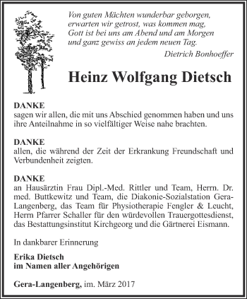 Traueranzeige von Heinz Wolfgang Dietsch von Ostthüringer Zeitung