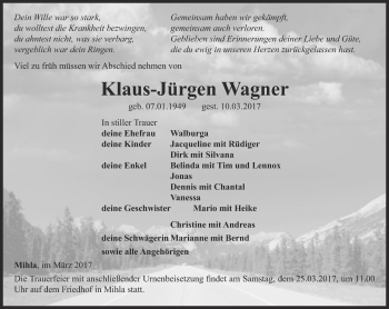 Traueranzeige von Klaus-Jürgen Wagner von Thüringer Allgemeine, Thüringische Landeszeitung