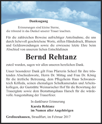 Traueranzeige von Bernd Rehtanz von Thüringer Allgemeine