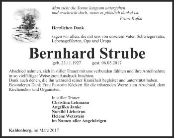 Traueranzeige von Bernhard Strube von Thüringer Allgemeine, Thüringische Landeszeitung