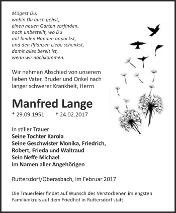 Traueranzeige von Manfred Lange von Ostthüringer Zeitung
