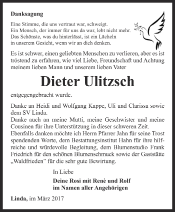 Traueranzeige von Dieter Ulitzsch von Ostthüringer Zeitung